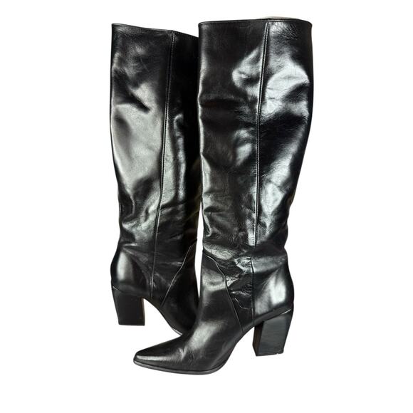 ZARA Leather Knee High Pull-On Boots Black Block Heel Made in Spain 6.5 - Picture 4 of 11